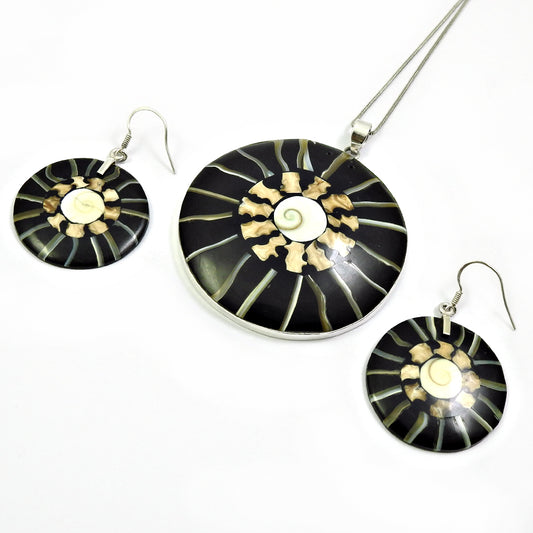 925 Silver Natural Shiva Eye Shell Earrings Pendant Set