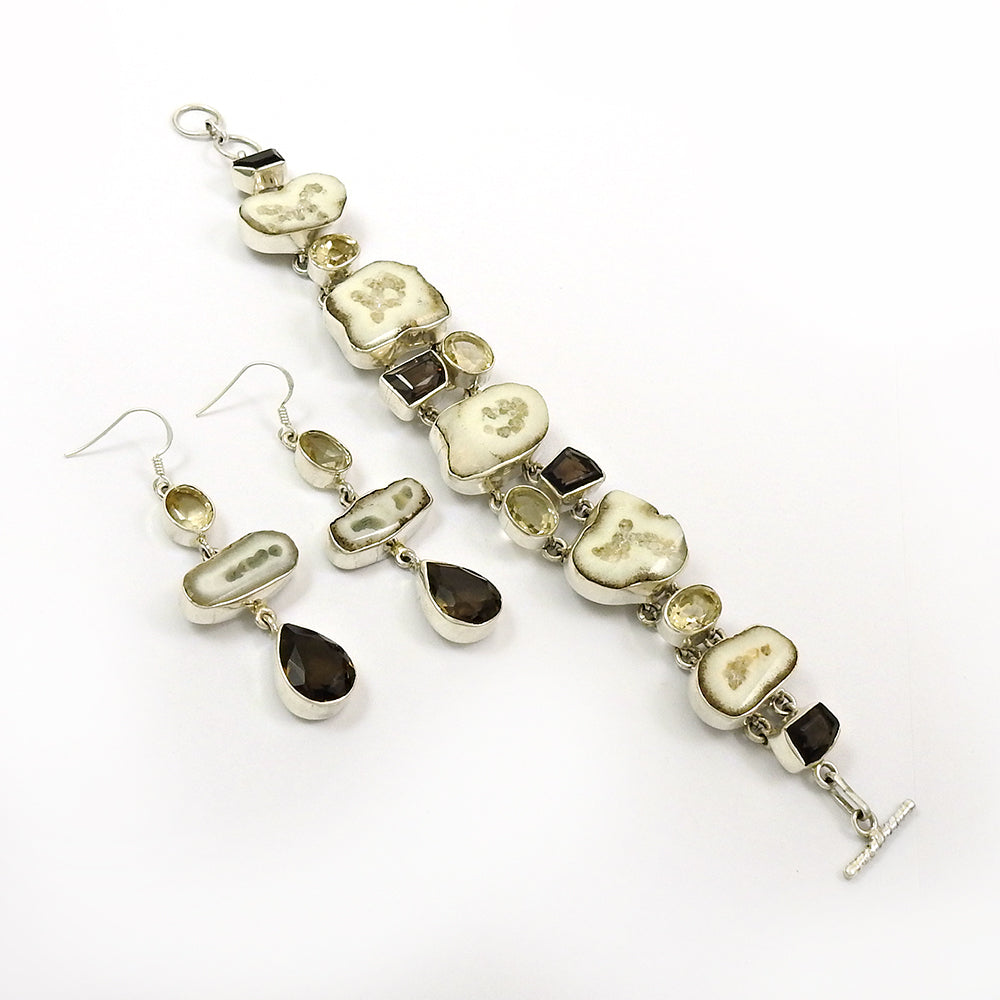 Natural Agate Slice 925 Silver Earrings Bracelet