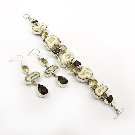 Natural Agate Slice 925 Silver Earrings Bracelet