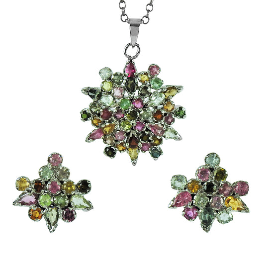 Natural Tourmaline Gemstone 925 Silver Earrings Pendant Set