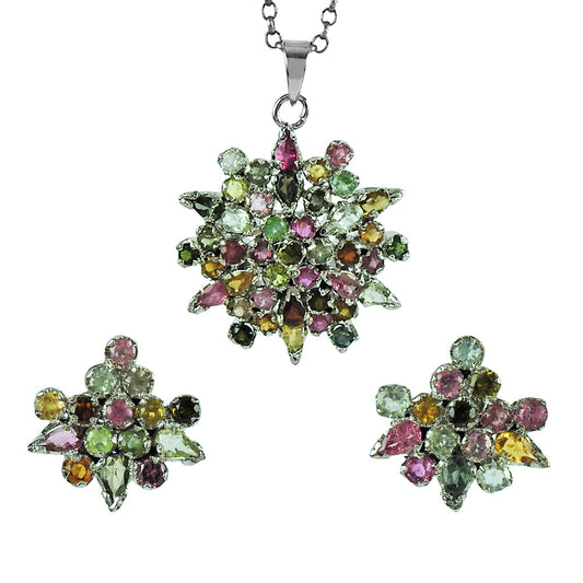 Natural Tourmaline Gemstone 925 Silver Earrings Pendant Set