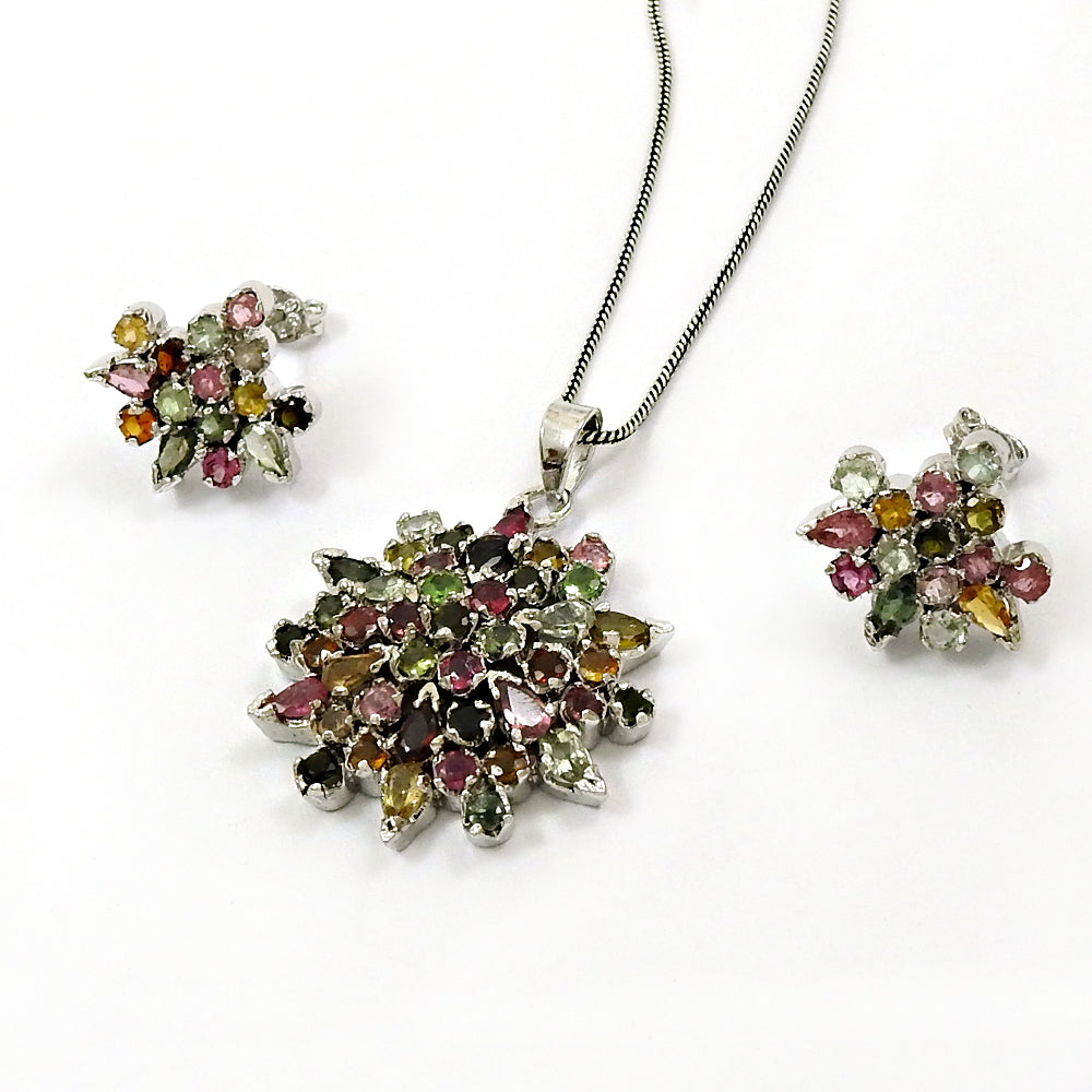 Natural Tourmaline Gemstone 925 Silver Earrings Pendant Set