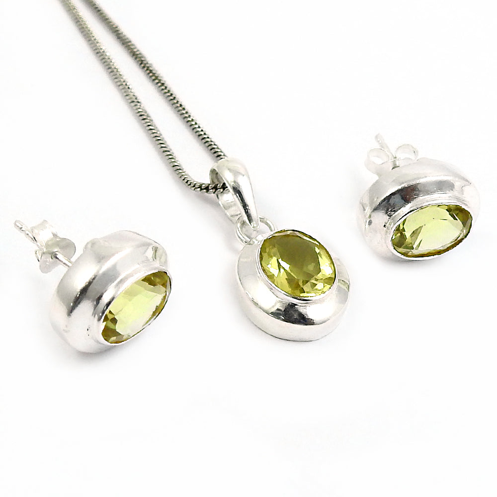 Natural Lemon Topaz Gemstone 925 Silver Earrings Pendant Set