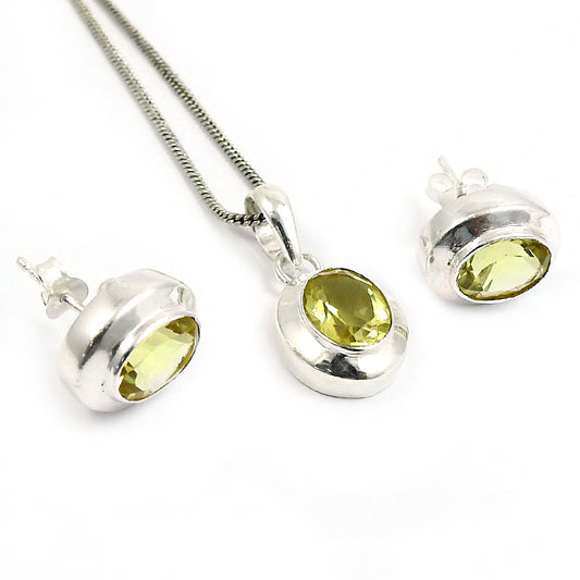 Natural Lemon Topaz Gemstone 925 Silver Earrings Pendant Set