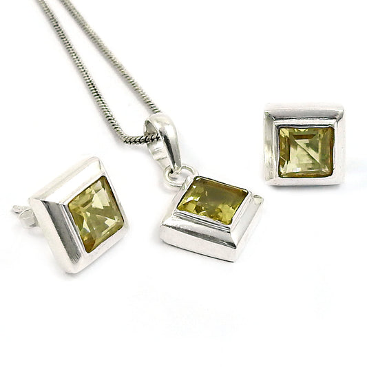 Natural Citrine Gemstone 925 Silver Earrings Pendant Set