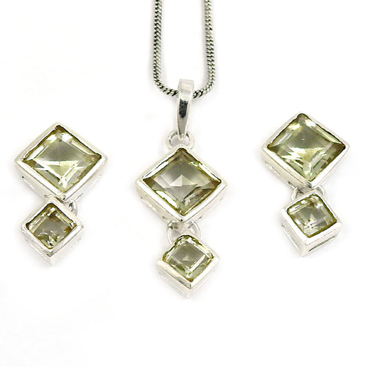 Natural Green Amethyst 925 Sterling Silver Earrings Pendant Set