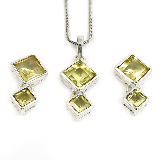 Natural Lemon Topaz Earrings Pendant 925 Silver Jewelry Set