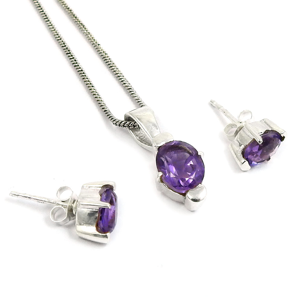 925 Sterling Silver Natural Amethyst Earrings Pendant Set