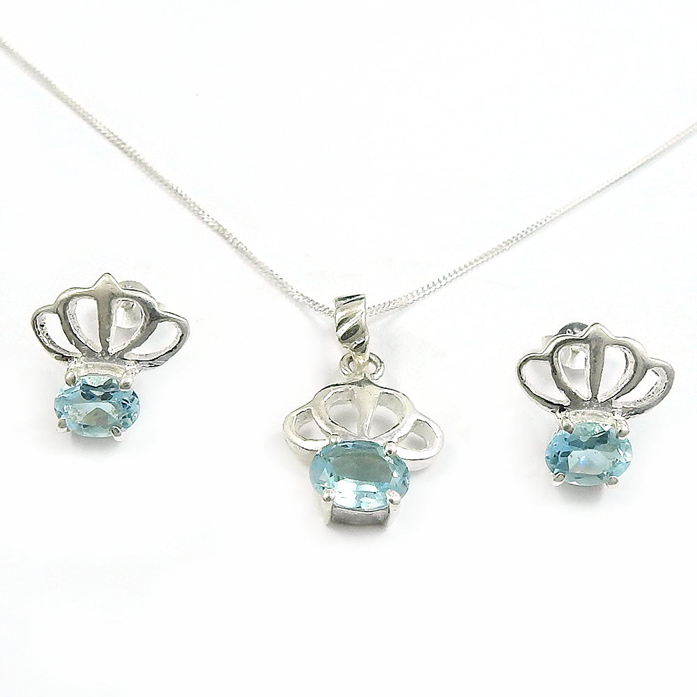 Blue Topaz Earrings Necklace Set 925 Silver Wedding Gift Jewelry