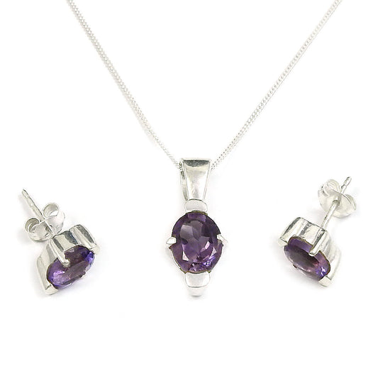 Women Gift Jewelry 925 Silver Amethyst Gemstone Earrings Necklace Set