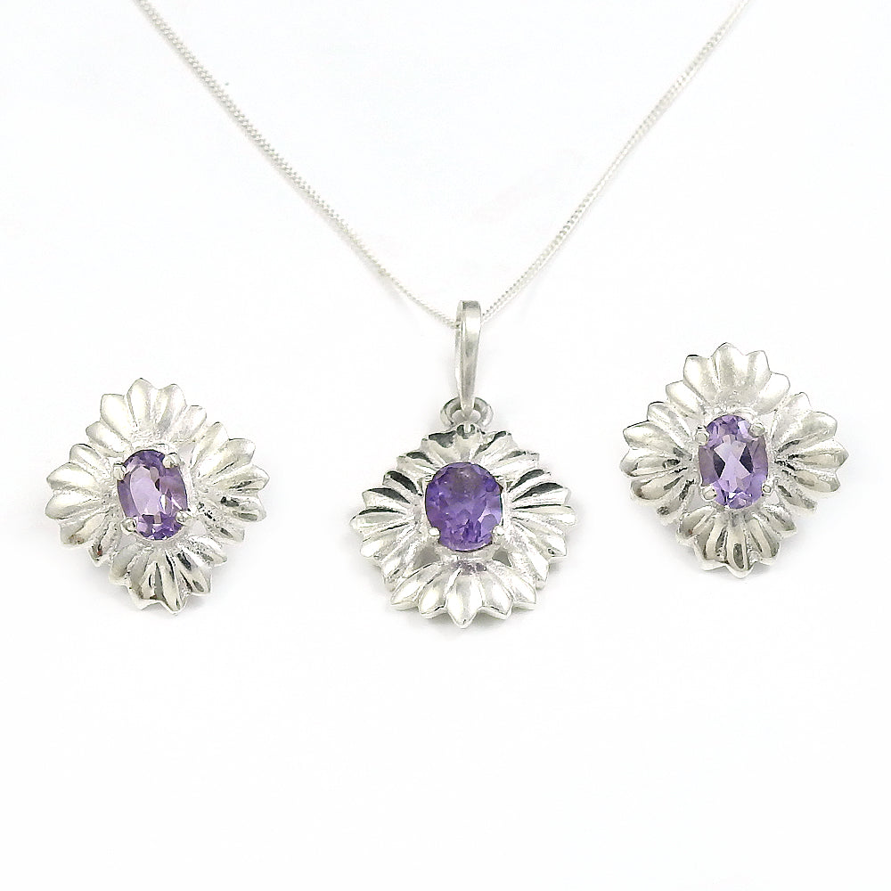925 Silver Amethyst Gemstone Earrings Necklace Set