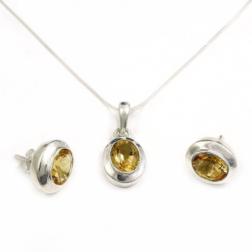 925 Sterling Silver Citrine Gemstone Earrings Necklace Set