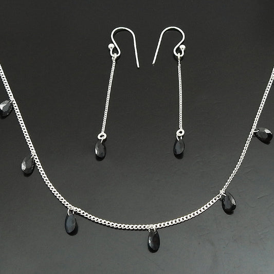 Elegant 925 Sterling Silver Black CZ Earrings Necklace Set