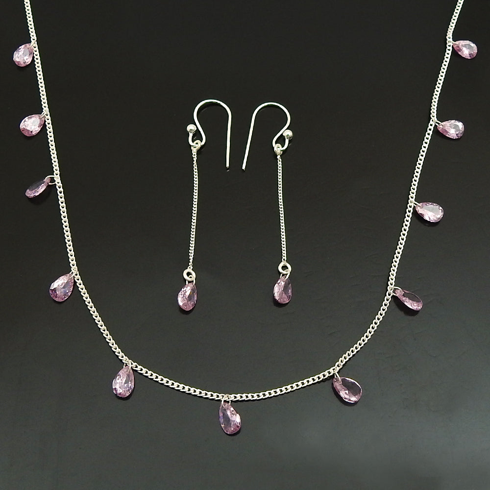 Wedding Gift Jewelry 925 Silver Pink CZ Earrings Necklace Set