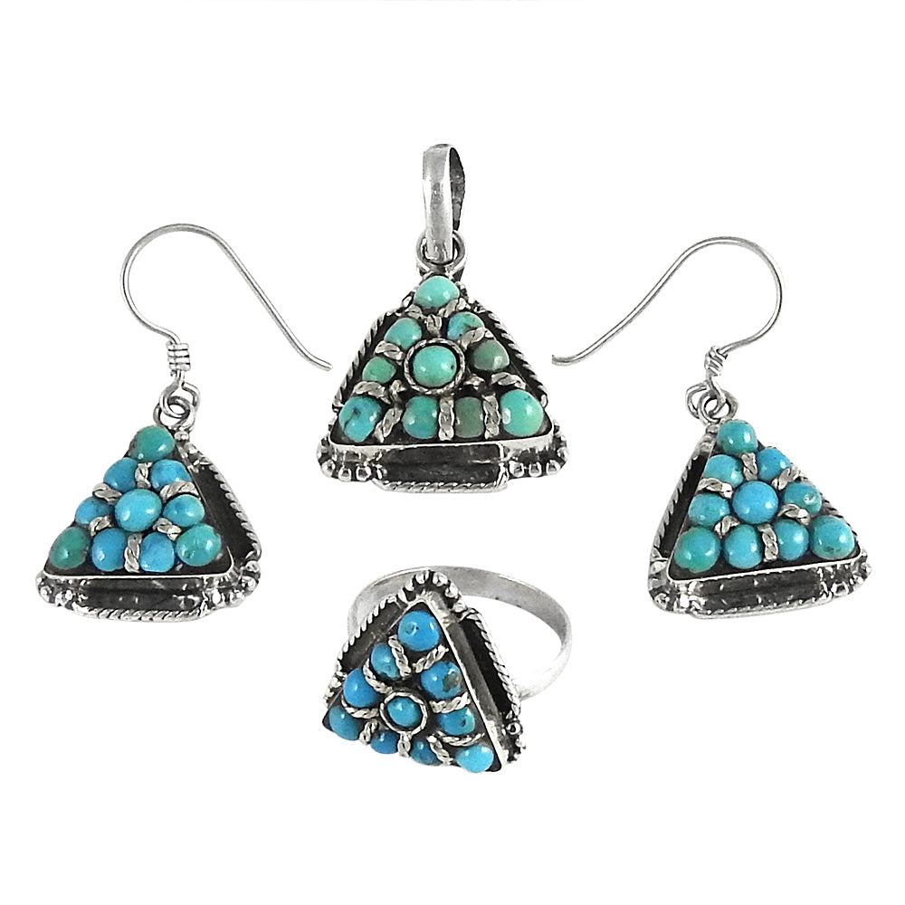 Turquoise Stone 925 Sterling Silver Stunning Ring Earrings Pendant Set