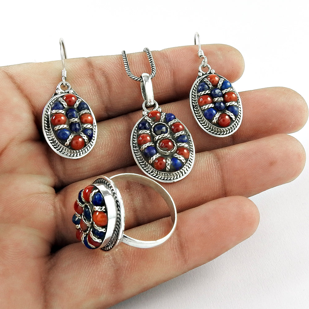 Artisan 925 Silver Coral Lapis Lazuli Gemstone Bohemian Jewelry Set
