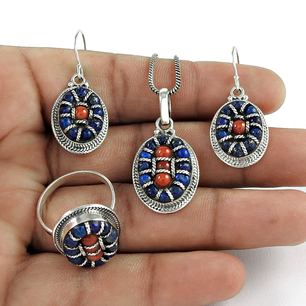 Handcrafted Sterling Silver Lapis Lazuli Coral Ring Earrings Pendant Set