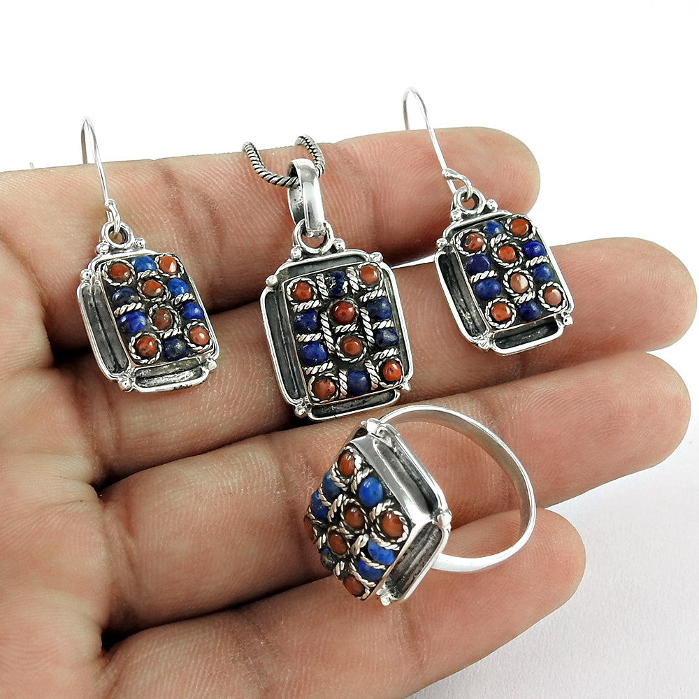 Natural Lapis Lazuli Coral 925 Sterling Silver Bohemian Jewelry Set