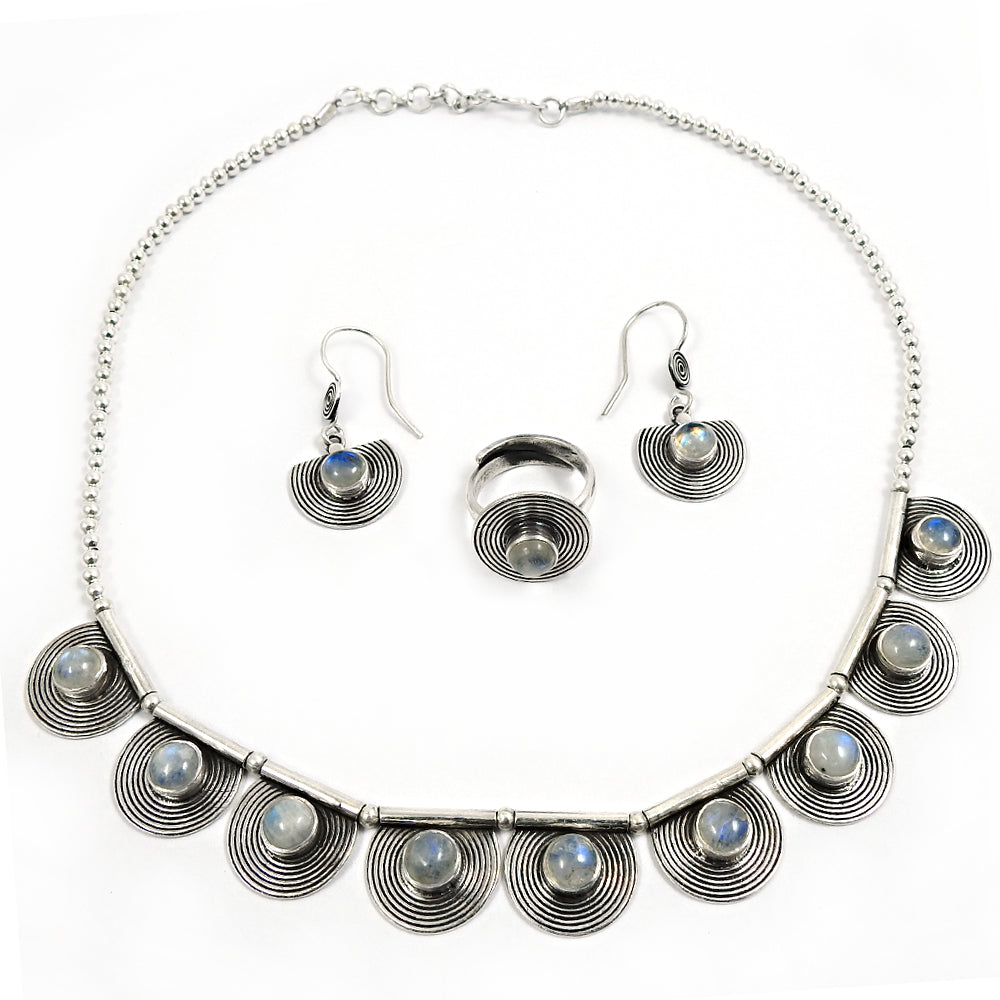 Vintage-Inspired Natural Rainbow Moonstone 925 Silver Jewelry Set