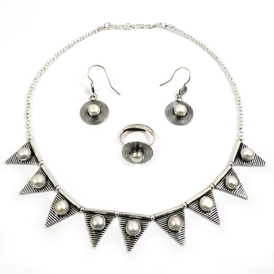 Timeless Pearl 925 Sterling Silver Jewelry Set Necklace Earrings Ring for Her