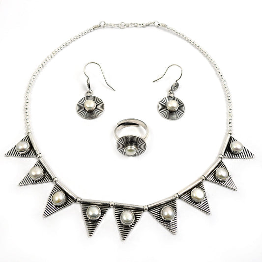 Timeless Pearl 925 Sterling Silver Jewelry Set Necklace Earrings Ring for Her