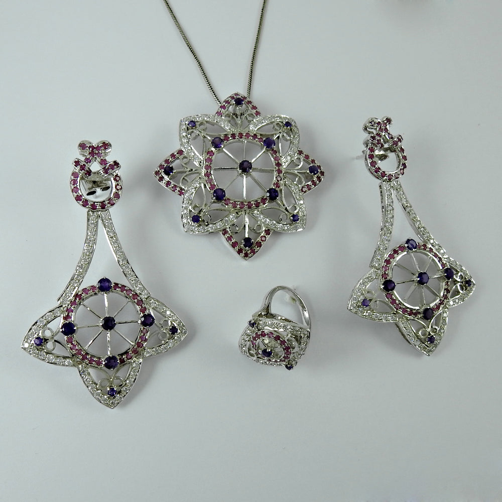Bridal Jewelry Set Ruby Amethyst White CZ Rhodium Plated 925 Silver Earrings Pendant Ring