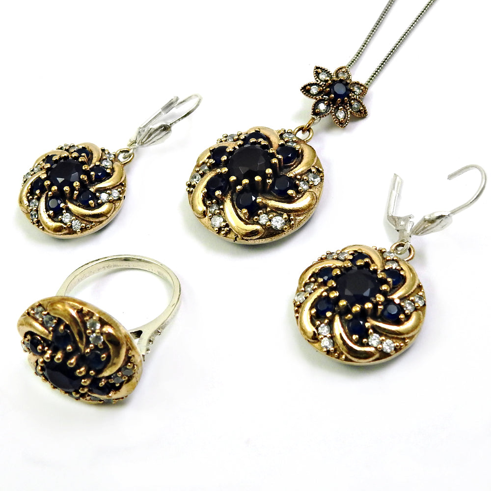 Gold Plated 925 Silver Jewelry Set Iolite White CZ Earrings Pendant Ring