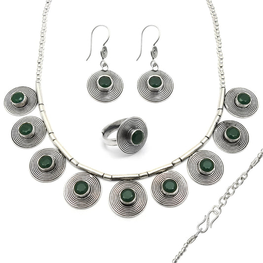 Natural Green Onyx 925 Sterling Silver Earrings Necklace Ring Set