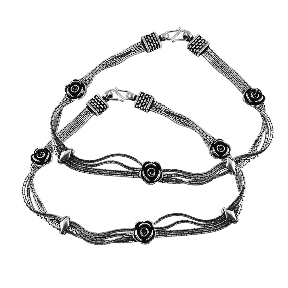 Ethnic Floral Oxidized Silver Anklets Royal Indian Jewelry