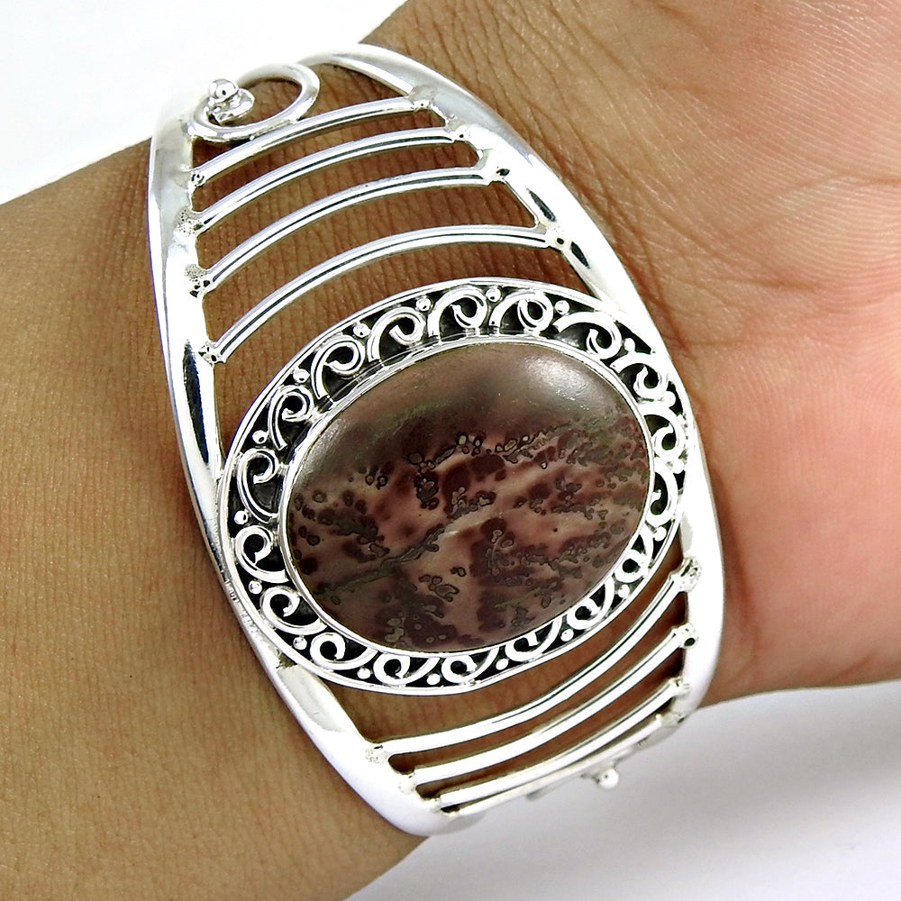 925 Sterling Silver Natural Fossil Jasper Stone Bangle