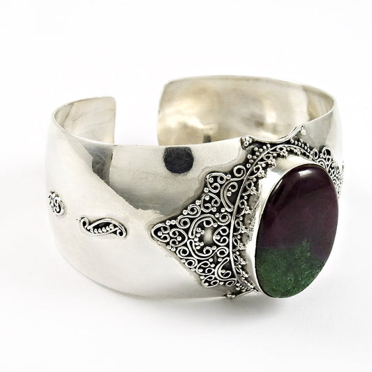Vintage 925 Sterling Silver Natural Ruby Zoisite Gemstone Open Bangle