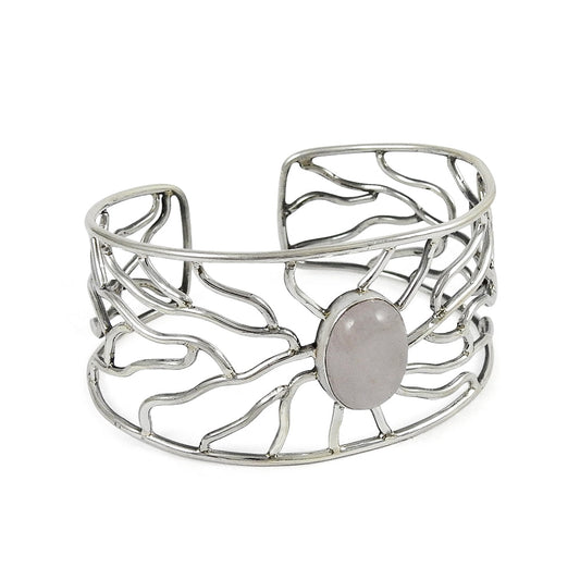 Natural Rose Quartz 925 Sterling Silver Open Cuff Bangle