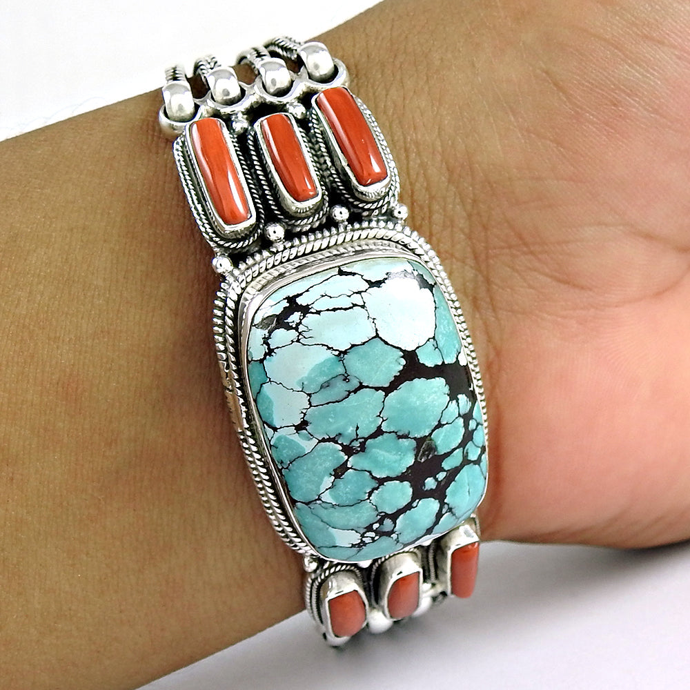 Natural Coral Turquoise Gemstone 925 Sterling Silver Cuff Bangle