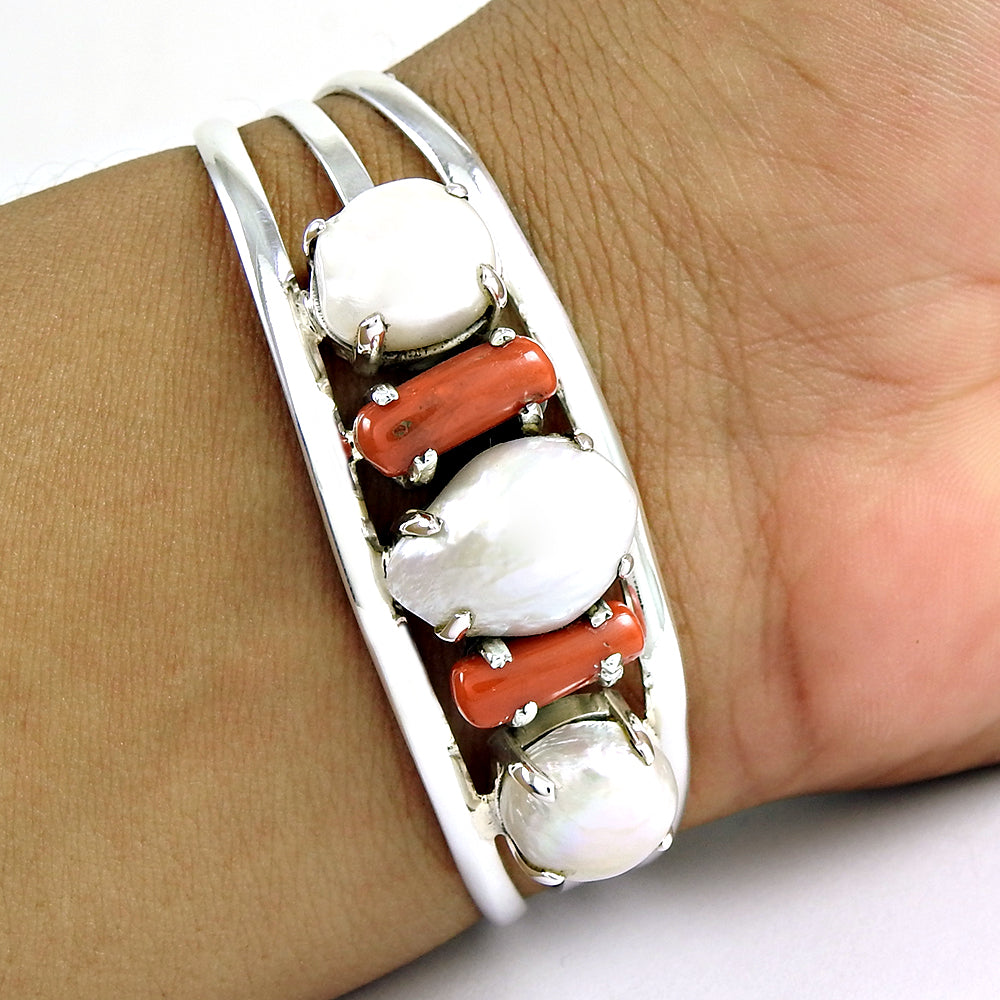 Natural Coral Pearl 925 Sterling Solid Silver Bangle