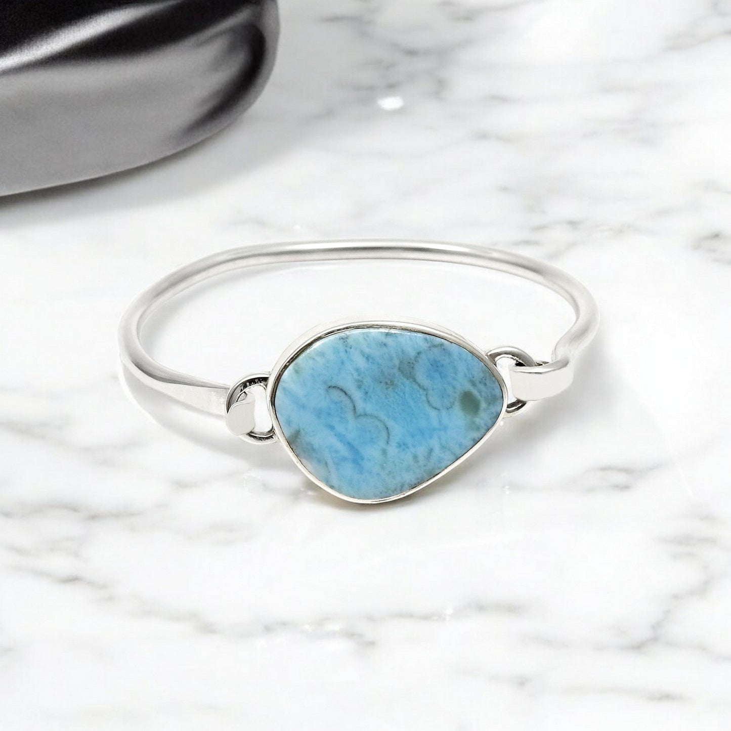 Antique Look 925 Sterling Silver Natural Larimar Gemstone Bangle