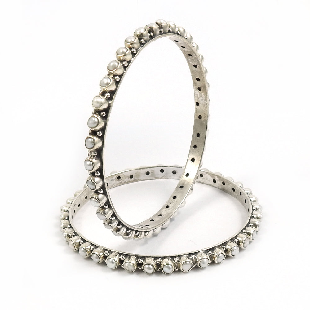 925 Solid Silver Round Natural Pearl June Ethnic Tribal Anniversary Wife Bangle