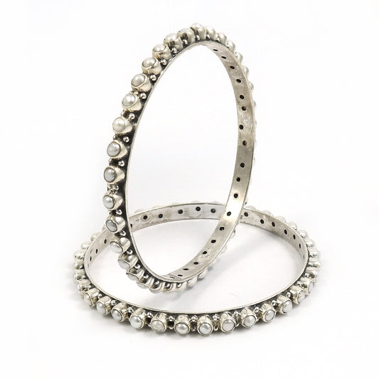 925 Solid Silver Round Natural Pearl June Ethnic Tribal Anniversary Wife Bangle
