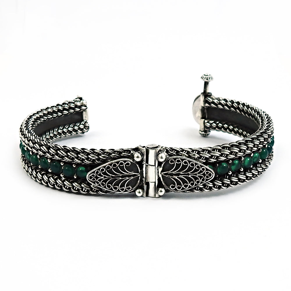 Gift For Women Bangle Antique Look Artisan 925 Silver Natural Green Onyx Gemstone