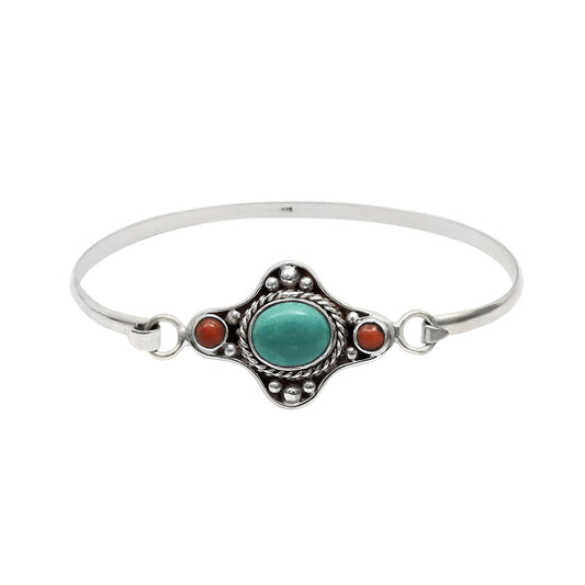 Oval Coral Gemstone Engagement Bezel Boho Trendy Artisan Bangle 925 Solid Silver
