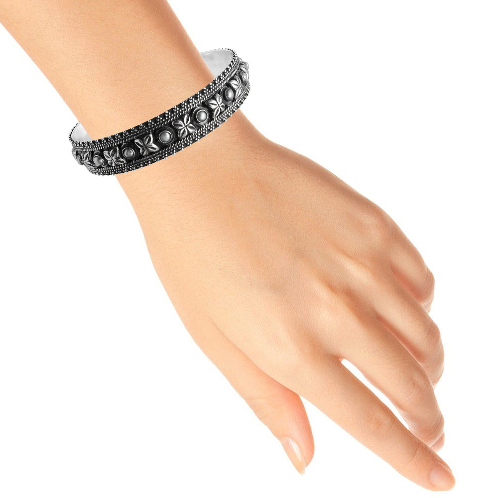 June Pearl Stone Birthday Ethnic Mother Bezel Boho Wedding Bangle Solid Silver