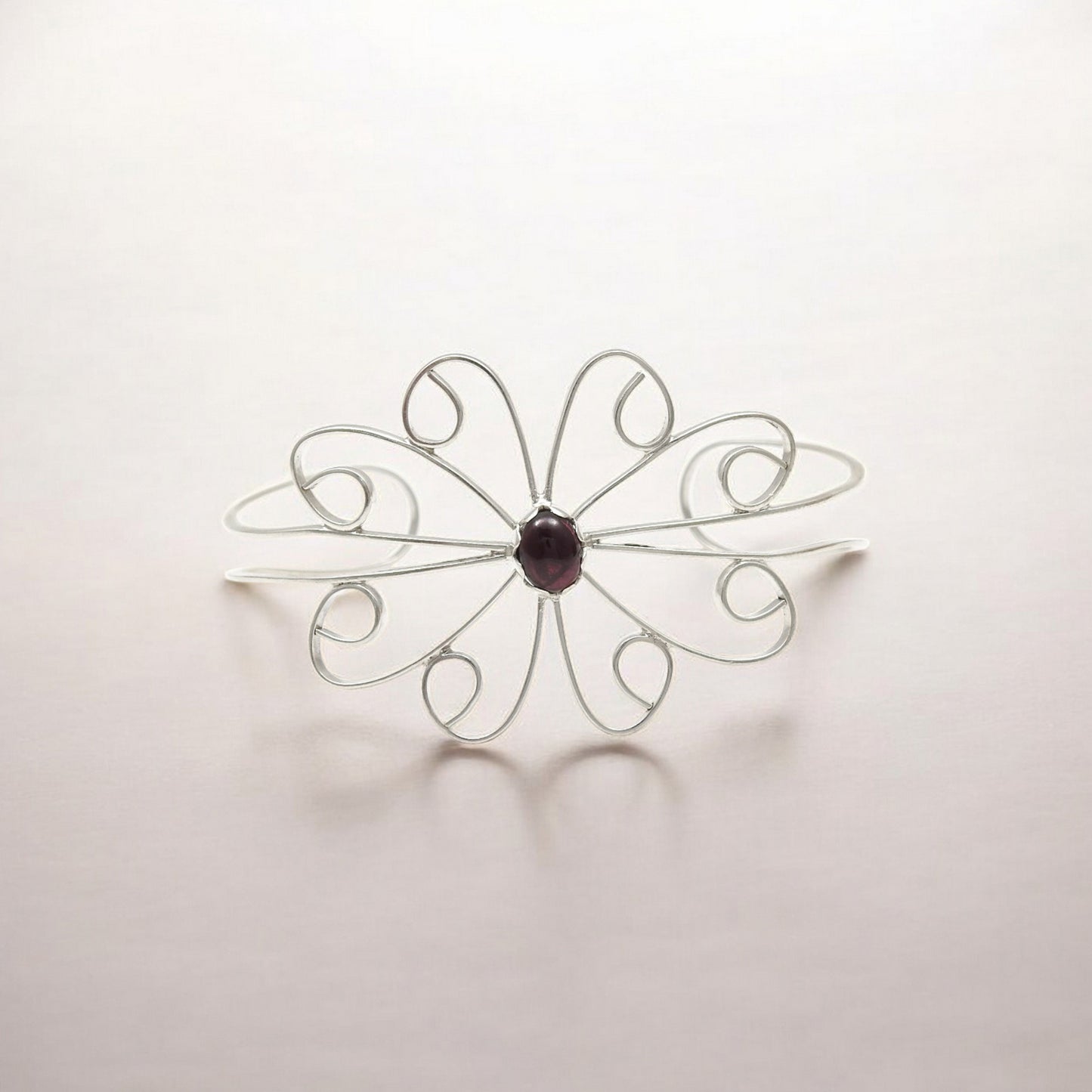 Birthday Gift Cuff Flower Bangle 925 Sterling Silver Natural Garnet Stone I1