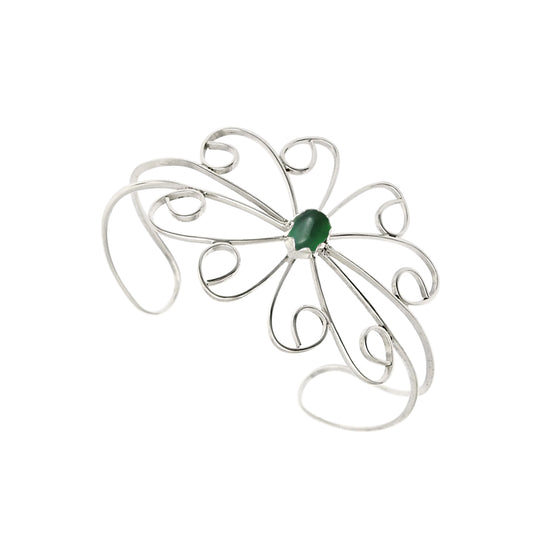 Natural Green Onyx Gemstone 925 Sterling Silver Cuff Flower Bangle For Girls U1