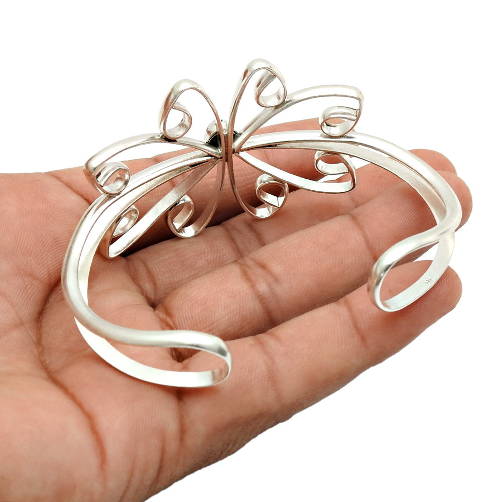 Natural Green Onyx Gemstone 925 Sterling Silver Cuff Flower Bangle For Girls U1