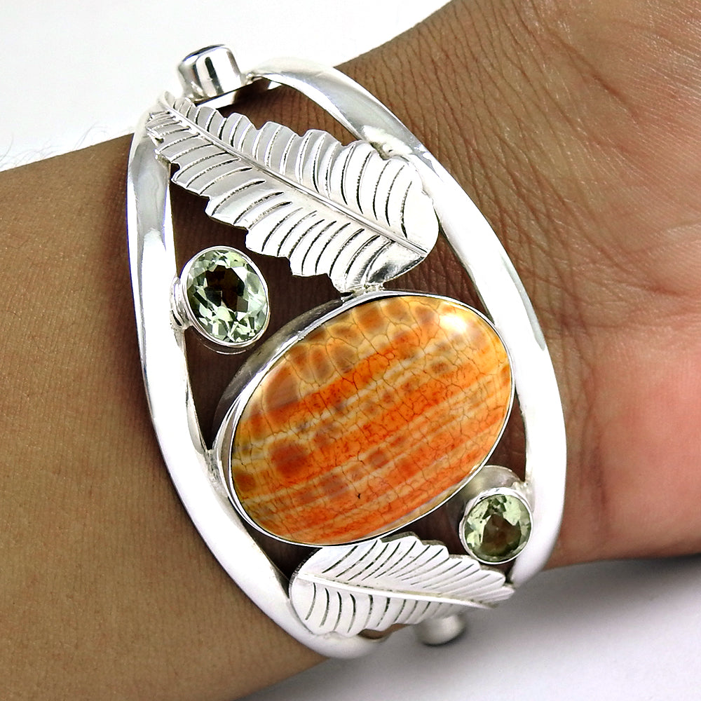 Natural Orange Mexican Fire Agate Green Amethyst Solid 925 Silver Bangle