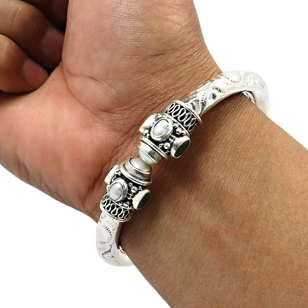 925 Silver Natural Pearl Ruby Emerald Gemstone Statement Bangle