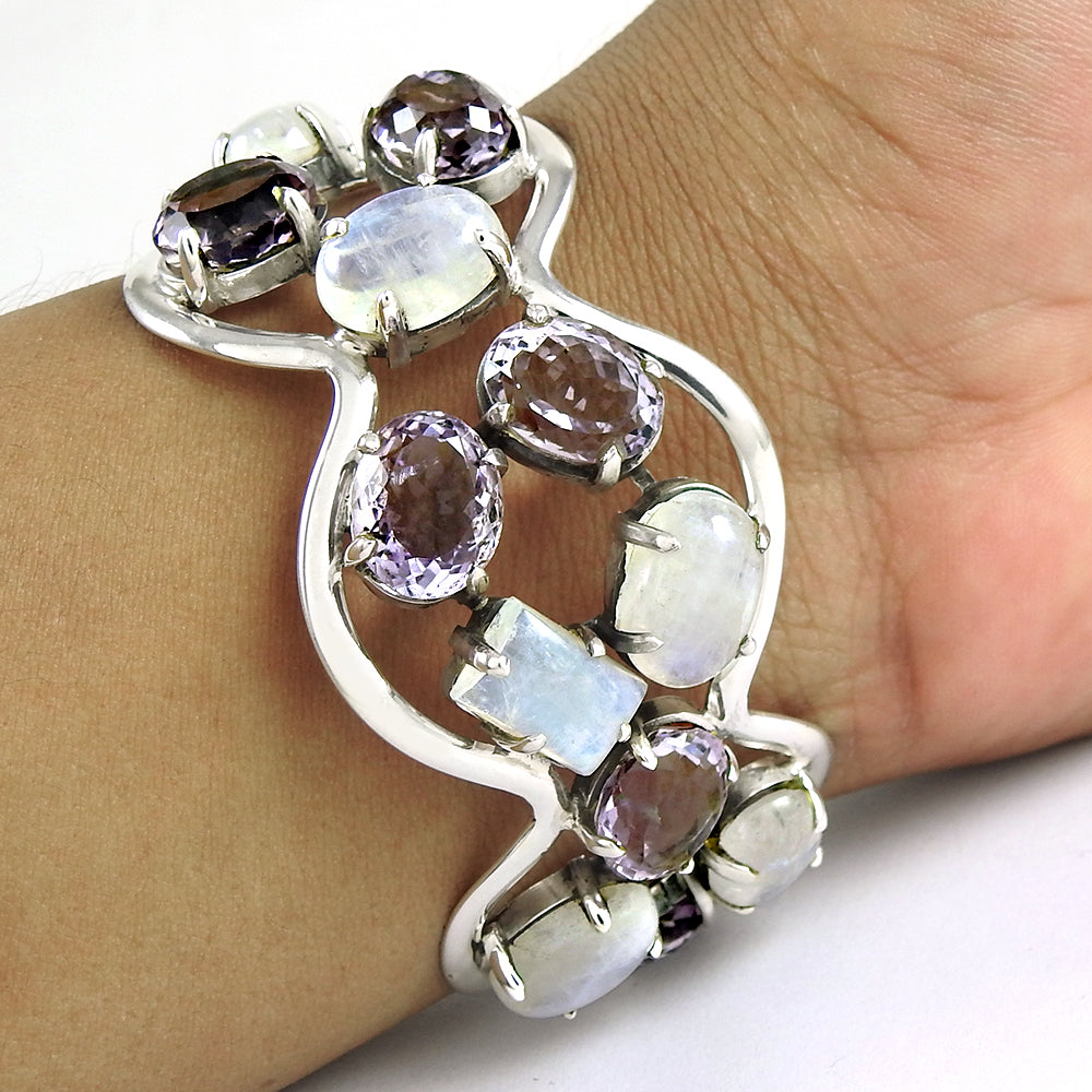 925 Sterling Silver Natural Rainbow Moonstone Amethyst Party Wear Bangle