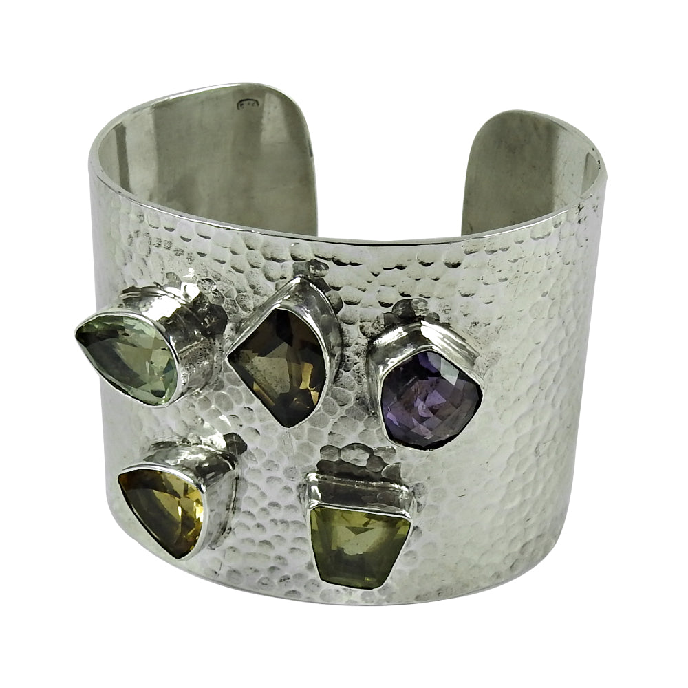 Spiritual Natural Gemstones Solid 925 Sterling Silver Open Cuff Bangle