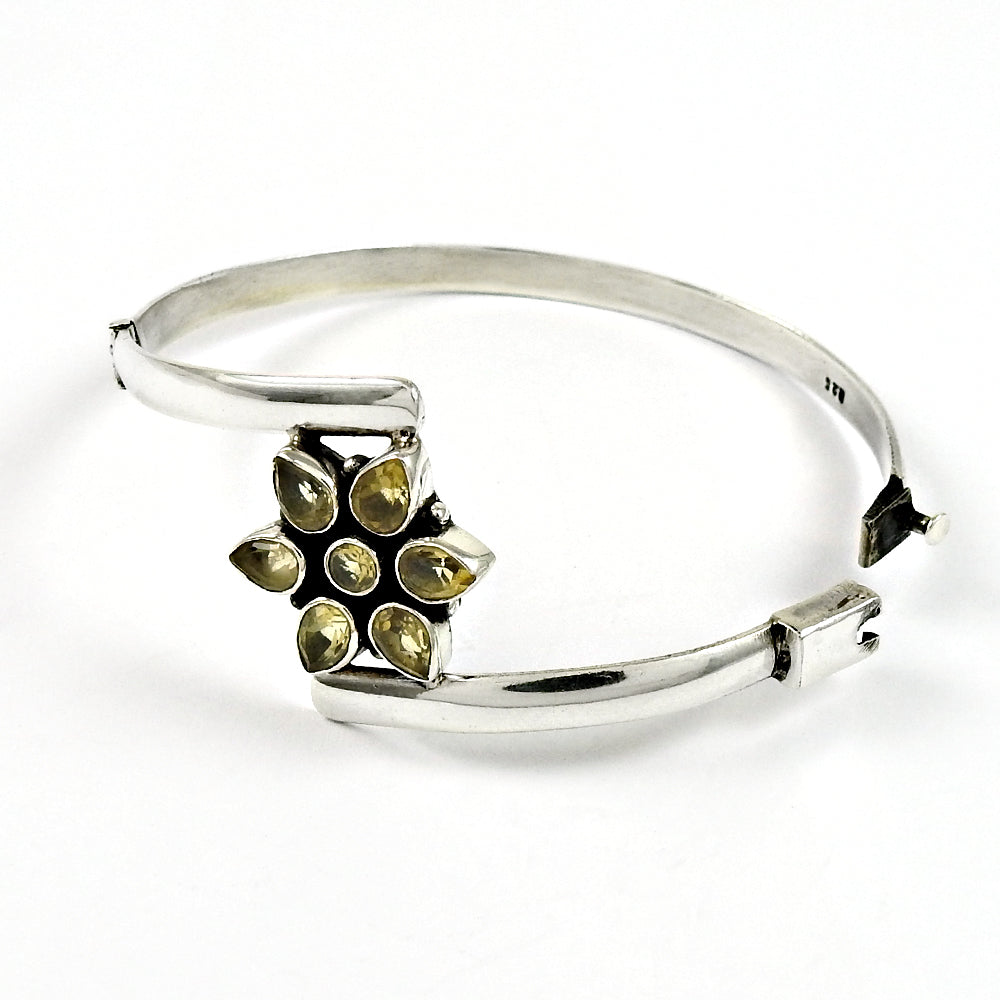 Solid 925 Sterling Silver Natural Citrine Gemstone Flower Bangle