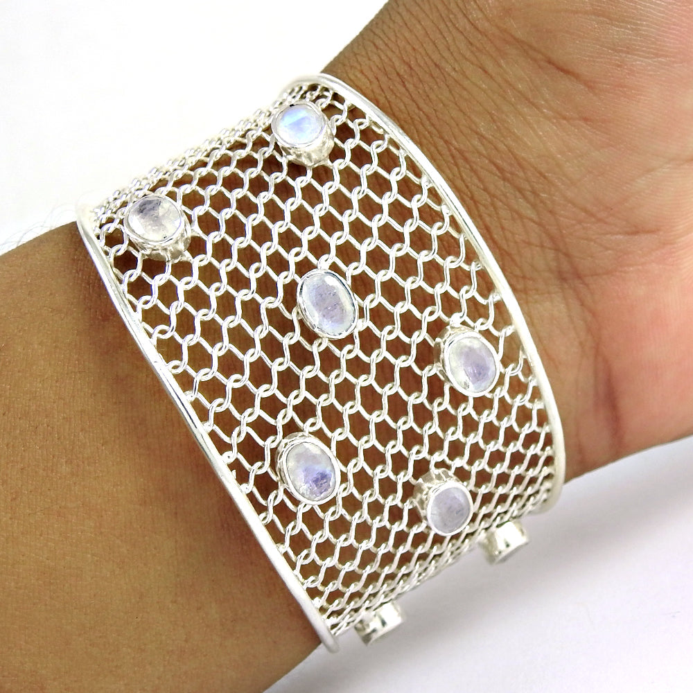 Vintage 925 Silver Natural Rainbow Moonstone Filigree Cuff Bangle