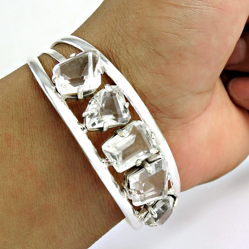 925 Sterling Silver Natural Crystal Open Cuff Bangle Gift For Her